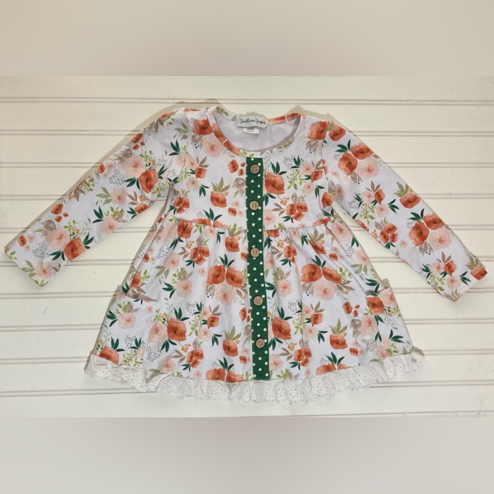 Southern‎ Sussies Long Sleeve Floral Dress 3T White Green Peach Orange Flowers